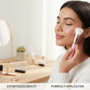 Woman using the pink cat paw brush for a natural blush application