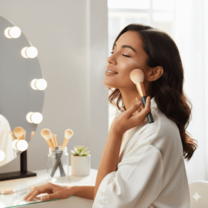 A woman applying face powder using a soft vegan makeup brush from the 7-piece set
