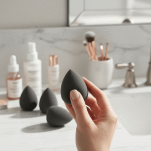Close-up of a single black teardrop-shaped beauty blender sponge