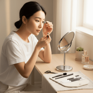 User holding eyebrow trimming tools to show scale and grip