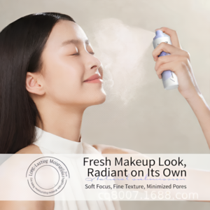 Woman using MYG setting spray for a radiant and fresh makeup look