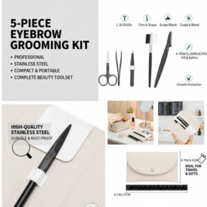 Open black storage pouch showing all 5 eyebrow grooming tools