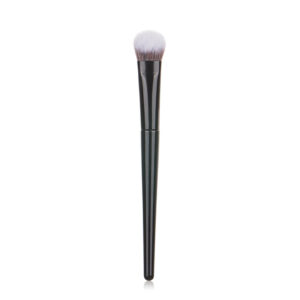 Professional flat tapered foundation brush with black handle and white synthetic bristles