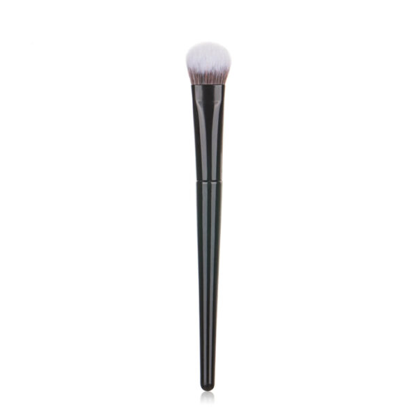 Professional flat tapered foundation brush with black handle and white synthetic bristles
