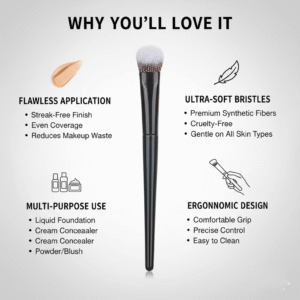 Infographic showing foundation brush benefits: streak-free finish, ultra-soft bristles, and ergonomic design