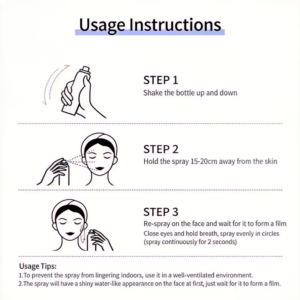 Three step usage instructions for applying MYG makeup setting spray