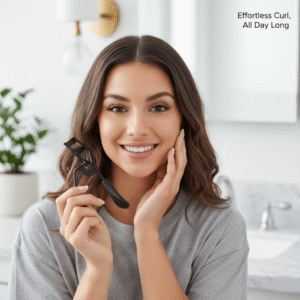 Detailed shot of the eyelash curler head and soft black silicone pad