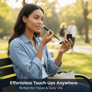 Woman using the flat foundation brush for an effortless touch-up while sitting on a park bench