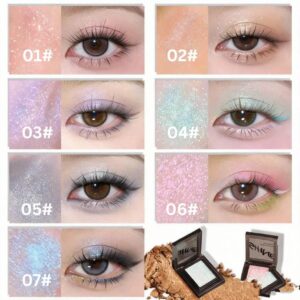 Swatches of seven different Maxfine shimmer eyeshadow single shades on eyes