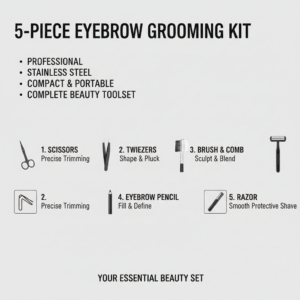 Close-up of stainless steel tweezers and brow scissors with comb