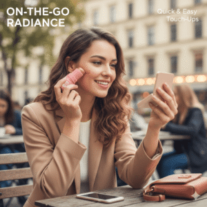 Woman applying GICYMANTY cream blush stick outdoors for a quick touch-up