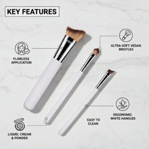 Infographic showing key features of the 3 piece makeup brush set including vegan bristles and easy cleaning