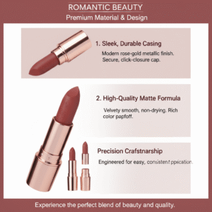 Close up of Romantic Beauty velvet matte lipstick tubes with minimalist design