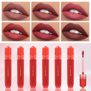 Array of waterproof matte lip glaze colors in frosted tubes