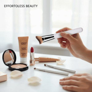 Hand holding a professional white foundation brush over a makeup vanity with lipstick and powder