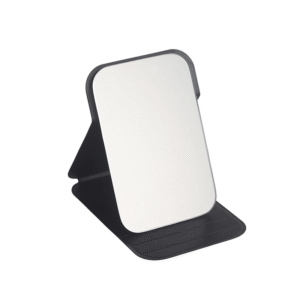 Front view of a black leather folding cosmetic mirror with a stand for desktop use