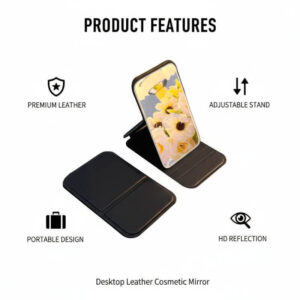 Infographic showing foldable travel makeup mirror features including leather stand and HD reflection